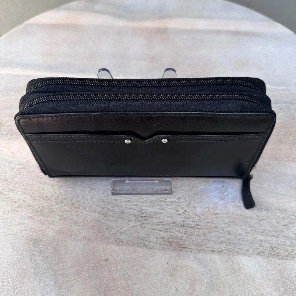 Mancini Black Leather Double Zip Around Accordion Clutch Wallet 7.5x4.25